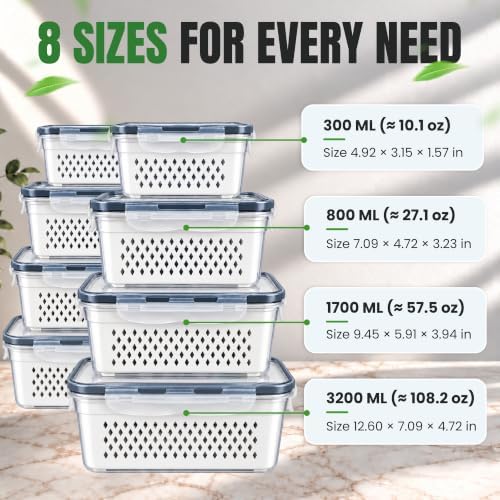 8Pack Fruit Storage Containers for Fridge with Removable Colander &Strainer - Image 2