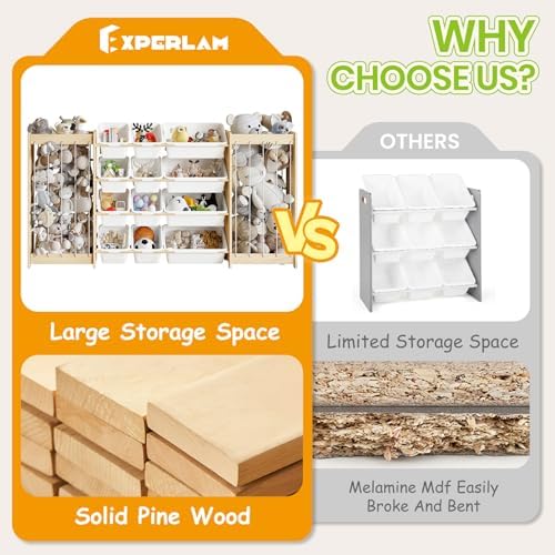 EXPERLAM Large Toy Storage Organizer, Wooden Stuffed Animal Storage & 12-Bins Toy Organizer, Double-Sided Plush Toy Holder Featuring Thicker Ropes, Space Save Playroom Nursery Bedroom Storage, White - Image 5