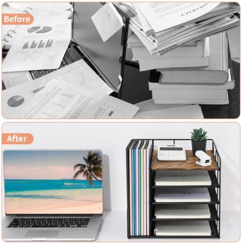 LEKETREE Desk Organizers and Accessories, 5-Tier Paper Letter Tray Organizer with File Holder, Desktop Organizer for Office Supplies (Wood) - Image 4