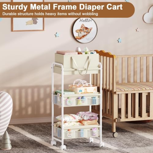 Cidaziya 2 in 1 Baby Diaper Organizer with Diaper Caddy Basket,Nursery Organizers and Storage Cart for Baby Essentials with Side Pockets, Rolling Postpartum Cart for Nursery, Baby registry - Image 6