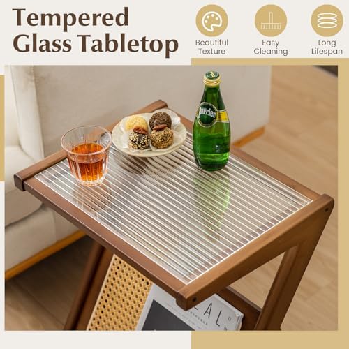 Giantex Rattan Side Table, Boho Nightstand with Glass Top & Magazine Rack, End Table with Storage, Bamboo Bedside Table for Small Space Living Room Bedroom (2, Walnut) - Image 4