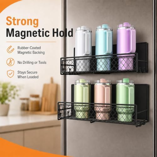 2 Pack Magnetic Cup Holder Heavy Duty, 6 Cup Mesh Water Bottle Storage Organizer with 8 Side Utility Hooks for Stanley Yeti Tumbler Cups, Side of Fridge Rack for Kitchen, Garage, Pantry, RV - Black - Image 2