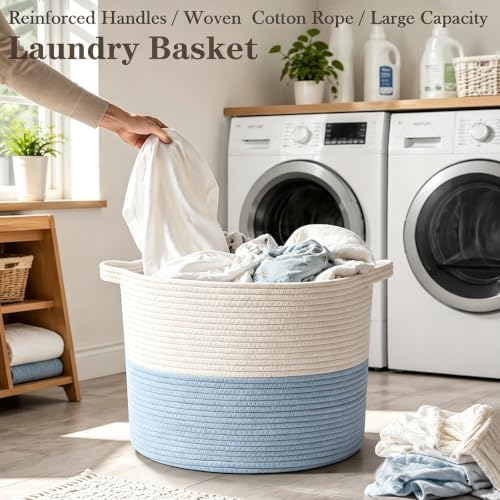 90L Large Blanket Basket,Woven Laundry Basket-White&Blue - Image 5