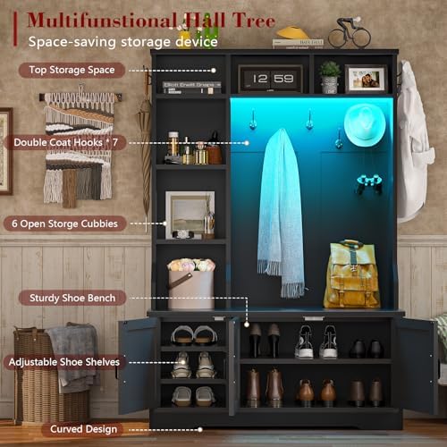 Black Hall Tree with Bench and Shoe Storage, Entryway Bench with Coart Rack - Image 2