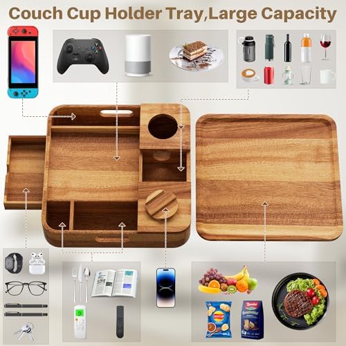 Couch Cup Holder 2-Tier Acacia Wooden Trays with Drawer 12.5 * 12.5 in - Image 4