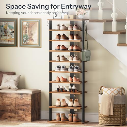 HOOBRO 10 Tiers Vertical Shoe Rack, Wooden Shoe Storage Organizer with Hooks, Narrow Shoe Tower for 20 Pairs, Space Saving, for Entryway, Living Room, Bedroom, Rustic Brown FG140XJ01 - Image 3