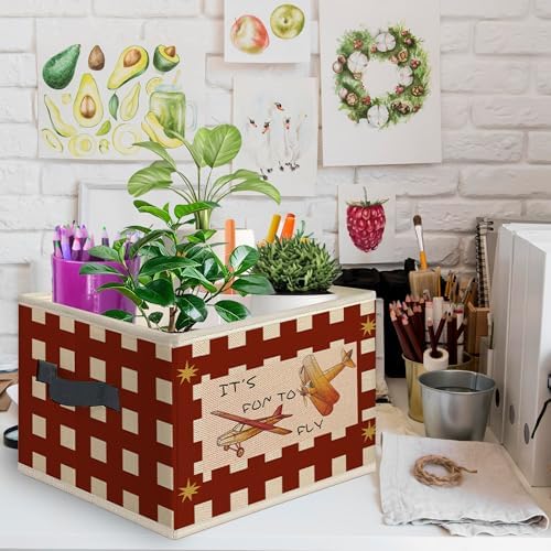 Airplane Nursery Foldable Storage Bins Box with Handles, Airplane Aviation Retro Red Gingham Collapsible Toys Books Clothes Organizer Basket for Kids Boy Nursery Room Bedroom Bathroom - Image 2