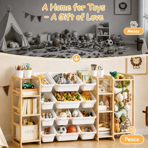 4-in-1 Toy Storage Organizer with 2 Bookshelf, 1 Stuffed Animal Storage and 12 Plastic Bins - Toys Organizer for Kids Room - Wooden Toy Rack for Playroom, Bedroom, Nursery Decor - Image 4