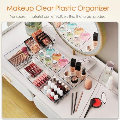 Criusia Drawer Organizer, 10 Pack Large Clear Plastic Set, 3 Size Versatile Bathroom and Vanity Organizer Trays, Storage Bins for Makeup, Bedroom, Kitchen Utensils - Image 5