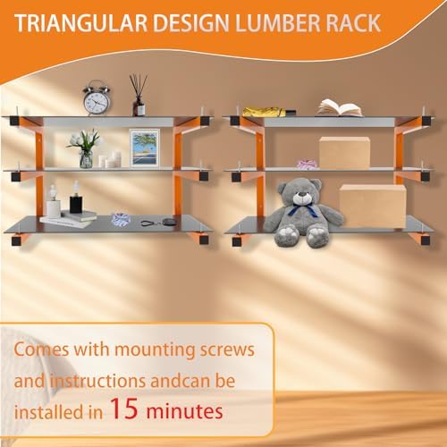 4 Pack Wall-Mounted Lumber Rack, Heavy Duty Wood Storage Racks, 6-Level System Garage Shelving, 1320 LBS Capacity Hanging Organizer Shelves, Orange Brackets Utility Metal Shelf for Indoor and Outdoor - Image 5