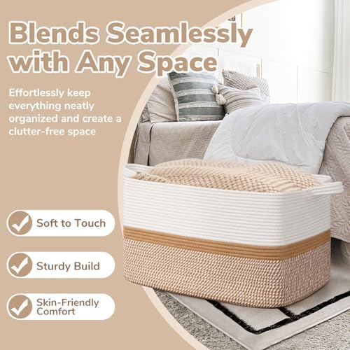 Goodpick Large Woven Rope Blanket Basket, Rectangle, White & Camel Mix - Image 5