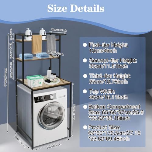 Washer and Dryer Storage Rack, 3 Tier Over The Washer and Dryer Storage Shelf, Bathroom Space Saving Organizer Shelves Space Saver Standing Rack for Bathrooms, Laundry Rooms (Black+ Oak) - Image 2