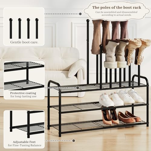 Kitsanery Shoe Rack, 100% Metal Boot Rack Organizer for Entryway, Closet & Garage, Free Standing Shoe Shelf for Storage Tall Boots, Sneakers, Cowboy Boots, Black (Large - 8 Pairs) - Image 4