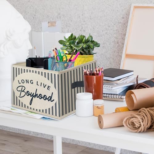 Boys Room Foldable Storage Bins Box with Handles, Long Live Boyhood Retro Blue Striped Collapsible Toys Books Clothes Organizer Basket for Kids Boys Nursery Room Playroom Bedroom Bathroom - Image 3