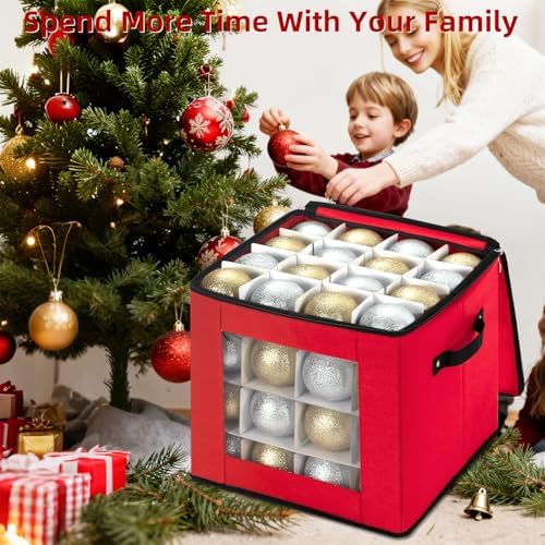 inin Christmas Ornament Storage Box with Adjustable Dividers,Christmas Ornaments Organizer with Zippered Top,Storage Container Bin for Holiday Decorations(64 Ball, Red, Without Tray) - Image 3