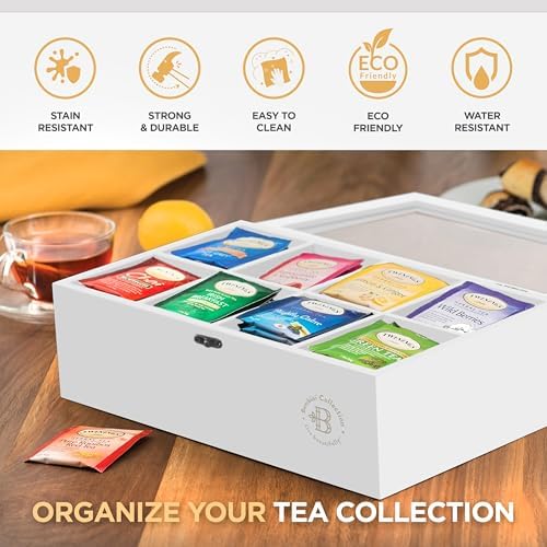 Tea Bag Organizer with Drawer - Bamboo Tea Box Organizer, 8-Compartment Tea Storage Box with Acrylic Lid and Magnetic Closure, Tea Box for Kitchen Counter, Gifts for Mom, Wife, Tea Lovers (White) - Image 3