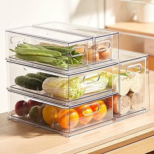 4 pack Stackable Refrigerator Organizer Bins Pull-Out Drawers for Fruit and Veggies Storage Organizer for Fridge Clear Drawer Containers with Handle Divided Organization for Produce Saver - Image 2