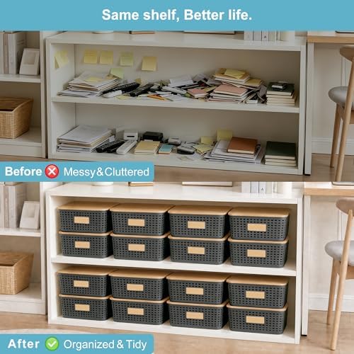 Bagnizer 4 Pack Plastic Storage Bins with Bamboo Lids, 6.2qt Stackable Storage Organizer Box with Lable for Pantry Shelves Drawers Desktop Office, 12"L x 8.3"W x 3.5"H, Gray - Image 7