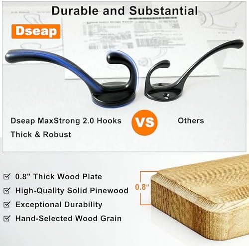 Dseap Coat Rack Wall: 24" Long, Patented, Heavy-Duty, 6-Double-Hooks Wooden Wall Mounted Coat Rack Coat Hanger Hook Rail for Winter Coats Hat Jacket Clothing, Light Brown - Image 3