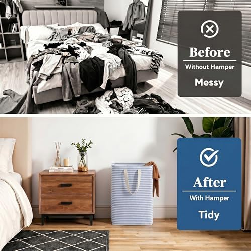efluky Slim Laundry Basket, Narrow Laundry Hamper with Handles, Collapsible Dirty Clothes Hamper, Tall Laundry Bin for Laundry Room, Dorm and Bedroom, 80L, Striped Blue - Image 5
