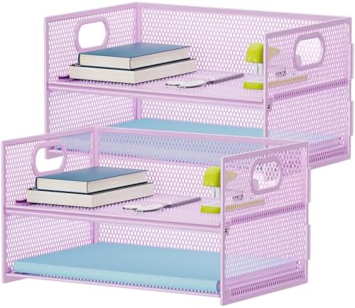 Marbrasse 2 Tier Paper Organizer Letter Tray, Mesh File Organizer with Handle, Paper Sorter Desk Organizer for Home Office Supplies - 2P Purple by Marbrasse