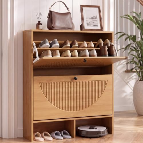 Shoe Cabinet with 2 Flip Drawers, Narrow Shoe Storage Cabinet for Entryway by GRUSIGN