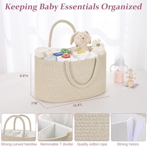 19L Baby Diaper Caddy Organizer, 16.8"x9.8"x9" Cotton Rope Diaper Basket, Changing Table Storage Caddy With Removable Divider, Baby Basket for Nursery, Car, Diapers, Baby Shower Gifts for Newborn - Image 5