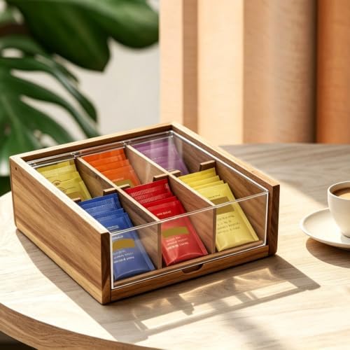 HTB Acacia Wood Tea Bag Organizer Storage Box with 6 Compartments - Image 6