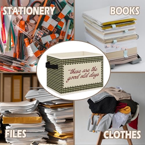Inspirational These Are the Good Old Days Foldable Storage Bins Box with Handles, Green Gingham Plaid Motivational Collapsible Toys Books Clothes Organizer Basket for Kids Bedroom Bathroom - Image 6
