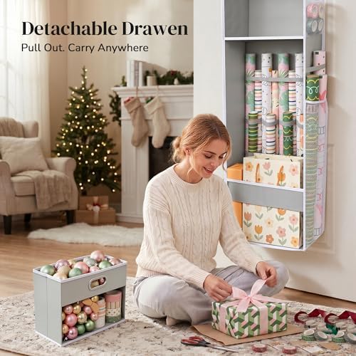 Ordovibe Wrapping Paper Storage Organizer, Over The Door Gift Wrap Holder with Removable Drawer & Side Mesh Pockets – Space Saving Closet Organizer for Christmas, Halloween, Birthday Rolls Supplies Gray - Image 4