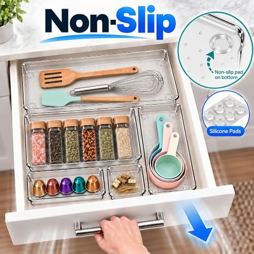 10 Pack Clear Drawer Organizer, 5 Sizes, Non-Slip Storage Trays - Image 4