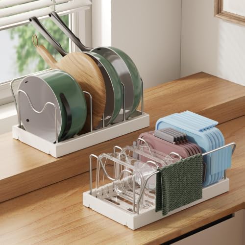 CICUFY 2 Pack Pots and Pans Organizer Under Cabinet, 12"-23" Pot Lid Holder Rack Inside Cabinet with 10 Adjustable Dividers, Pan Lid Organizer with Guardrail For Kitchen Countertop, White by CICUFYOfficial