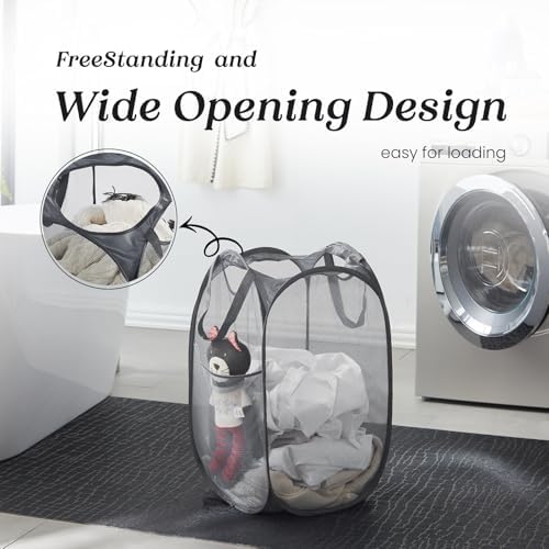 TECHMILLY Collapsible Mesh Pop Up Laundry Hamper with Sturdy Handles and Side Pocket - Portable Foldable Clothes Baskets for Dorm, Bathroom & Travel Storage (Grey) - Image 4