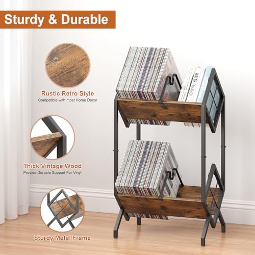 RUILALIFE 2-Tier-Vinyl-Record-Storage-Holder With Dividers, Metal Album storage for vinyl records display Shelf, Vintage 160-200 LP Storage Shelf Stand - Image 4