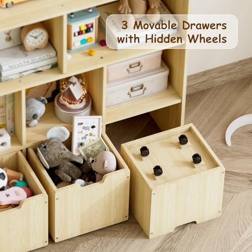 EXPERLAM Solid Pine Wood Toy Storage Organizer, Kids Bookshelf and Toy Organizer with 3 Rolling Drawers, 5 Storage Cubes, Montessori Playroom Storage Cabinet, Burlywood - Image 3