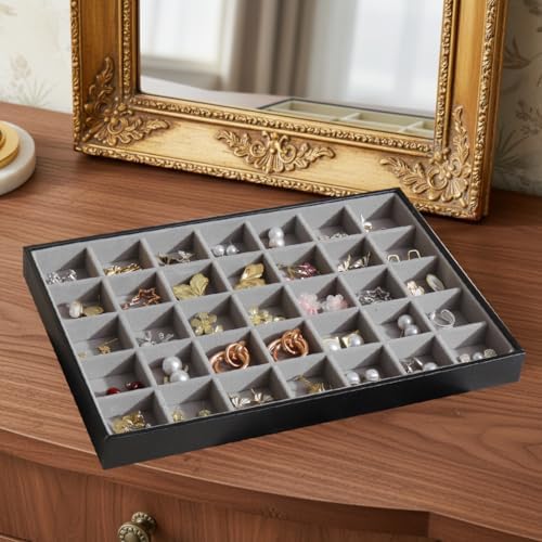 Large Jewelry Organizer Tray PU Leather, Black Gray, 35 Grids - Image 3