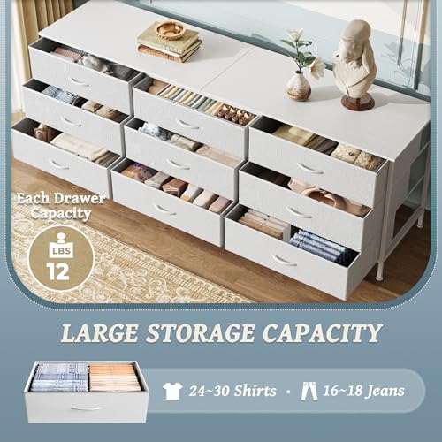 Huuger 63 Inch Dresser for Bedroom, Dresser for Closet with 9 Fabric Drawers, Large TV Stand for 55, 65, 70 Inch TV, Entertainment Center with Storage, Wide Long Chest of Drawers, White - Image 4