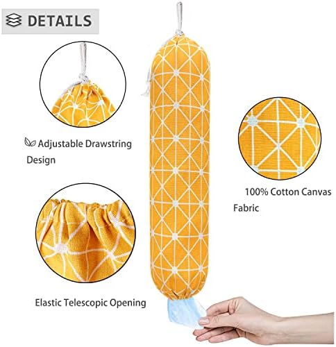 SYIPO Plastic Bag Holder Shopping Bags Carrier, Washable Large Grocery Bag Storage Dispenser ​for Home Kitchen Travelling, Free Adjustment with Drawstring, Yellow, 22x9 - Image 3