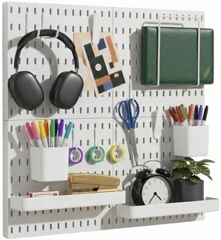 Keepo Peg Board Wall Organizer – Plastic Pegboard Panels, Modular Peg Board Storage System For Home Office, Craft Room, Gaming Setup (White, 22″×22″) by Keepo
