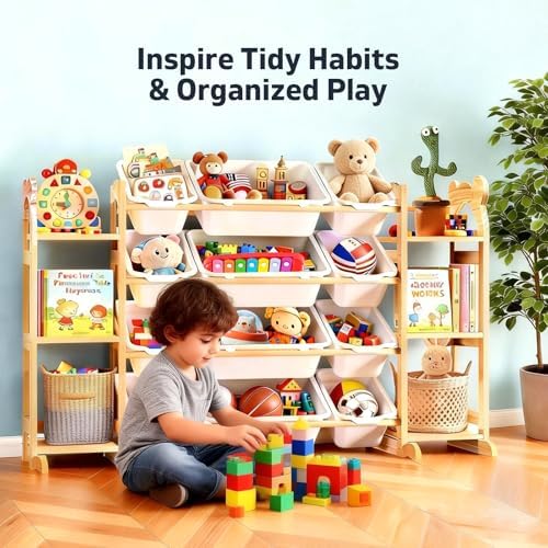 Toy Storage Organizer with 6 Shelves and 12 Bins, Toy Organizers and Storage Shelf with Bookshelf and Bookcase, Toys Box for Kids Room & Playroom & Bedroom & Nursery - Image 6
