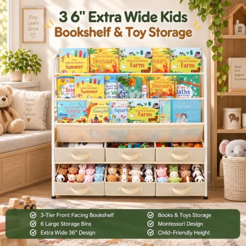 36" Extra Wide Kids Bookshelf and Toy Storage Organizer, 3-Tier Front Facing Book Shelf with 6 Large Removable Storage Bins, Toddler Bookshelf for Nursery, Playroom, Bedroom, Montessori Reading Corner - Image 3