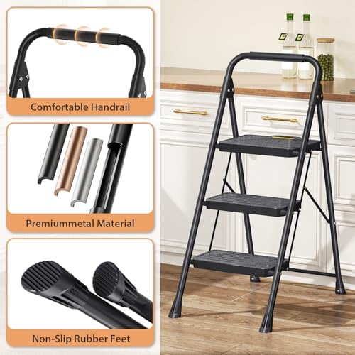 TOOLF 3 Step Ladder, Folding Portable Ladder with Anti-Slip Pedals, Black - Image 5
