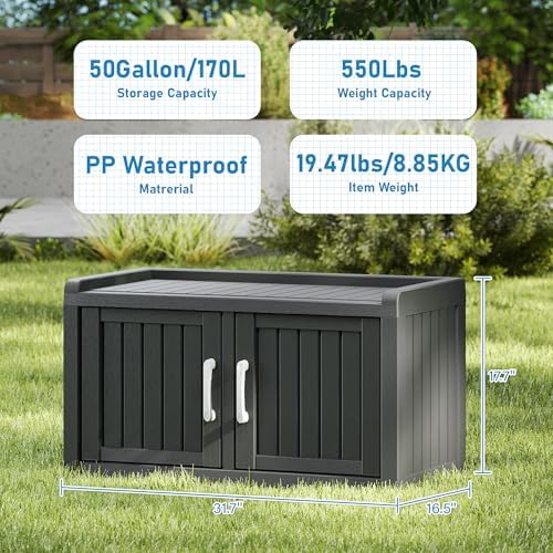 2-Tier Storage Bench, Waterproof UV-Resistant Outdoor Shoe Storage Cabinet with 2 Doors & Adjustable Shelves for Indoor Outdoor Entryway, Hallway, Living Room (Midnight Black) - Image 2
