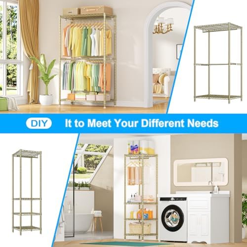 Ulif E10 Clothes Rack（With Stretchable Hanger Rod）Freestanding Clothing Racks for Hanging Clothes，Adjustable Closet Organizer System，Portable Garment Rack 73-97"W x 15" D x 72" H，Max Load 800LBS，Gold - Image 6