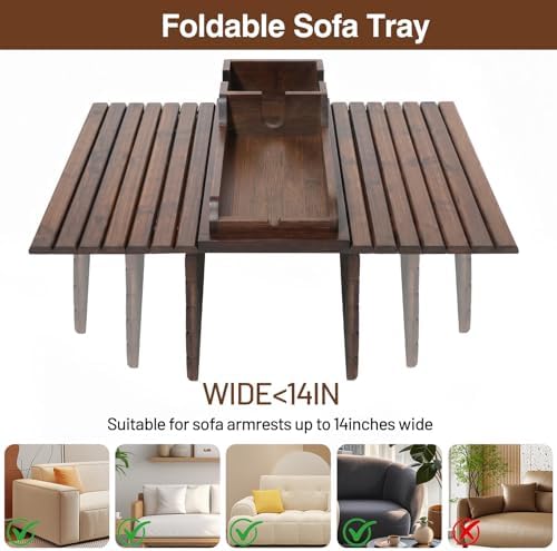 Couch Arm Tray, Bamboo Sofa Tray Table for Couch, Anti-Slip Armrest Organizer, 2-in-1 Split Design Fits Most Sofa Arms, Foldable Couch Cup Holder for Snacks, Phone, Control, Cups, Brown - Image 5