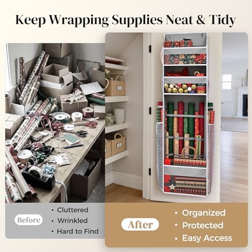 Ordovibe Wrapping Paper Storage Organizer – Over The Door Hanging Gift Wrap Holder for 15-30" Rolls, Space Saving Closet Organizer for Christmas, Halloween, Birthday with Side Mesh Pockets Gray - Image 2