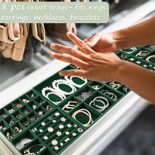 Jewelry Drawer Organizer, 8 Set of Stackable Velvet Organizer Tray, Drawer Inserts for Jewelry Organization, Showcase and Safely Store Your Collection with Elegance and Sophistication (Green) - Image 5