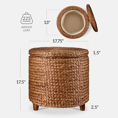 Best Choice Products 17" Round Storage Ottoman W/Lid, Handwoven Water Hyacinth Footstool, Footrest w/Wooden Legs, Accent Side Table, Storage Container, Plant Stand - Chestnut - Image 2