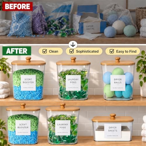 6 Pack Laundry Pods Container, Clear Laundry Room Organization Containers,Large Detergent Powder Storage, Black Wooden Lids & Labels and Scoops for Scent Booster, Powder, Pods - Image 4