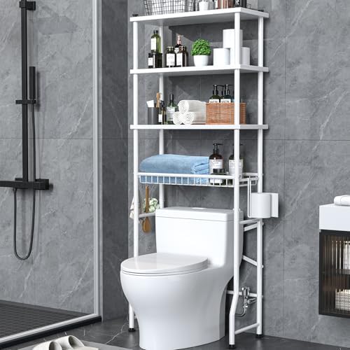 Over the Toilet Storage shelf, 4-Tier Bathroom Organizer Rack, Easy To Install with Adjustable Feet Pad and Basket Freestanding Bathroom Shelves Above Toilet, Space Saver Toilet Storage Cabinet(White) by Dataroad+Selead